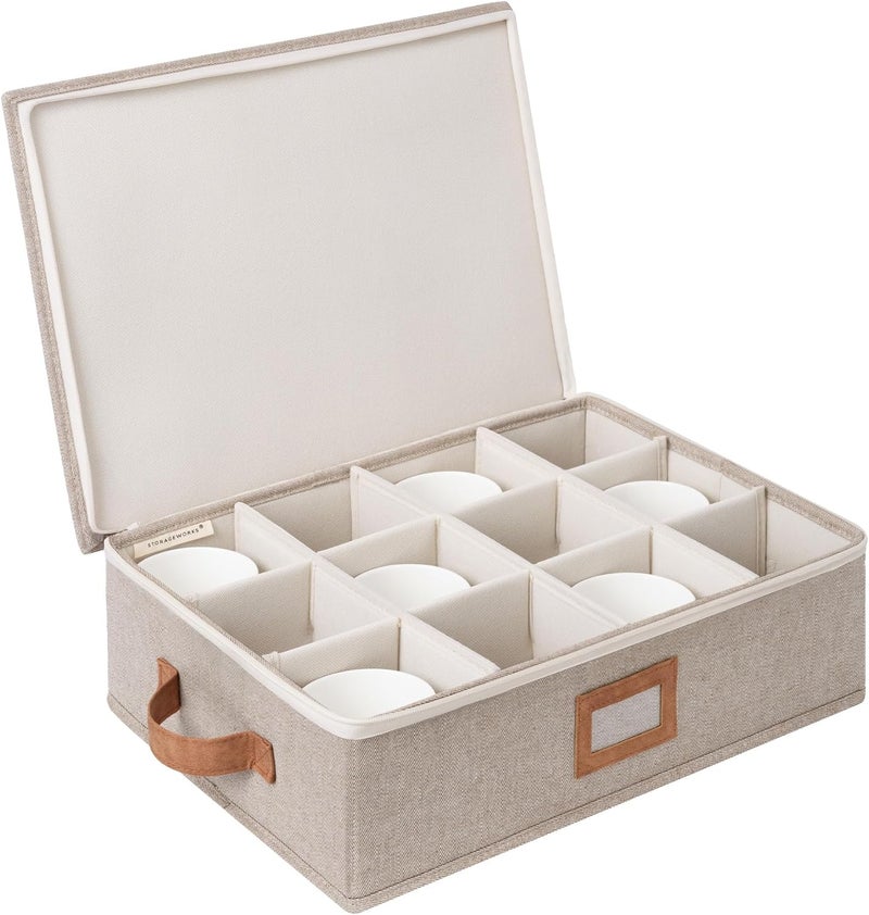 StorageWorks China Storage Container, Stackable Mug Storage Box with Dividers, Stemware Storage Cases, Hard Shell China Cup Organizer, Holds 12 Tea Cups and Coffee Mug, 1 Pack, Brown and Beige - Image 1